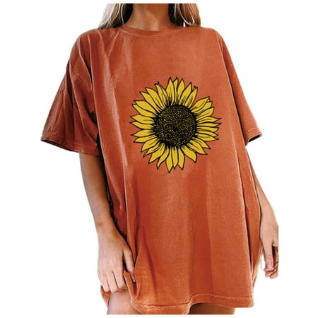 

Womens Summer Tops Women Sunflower Printing O-Neck Loose Short Sleeve T-shirt Top Blouse Pullover Maternity Shirts Orange XXL
