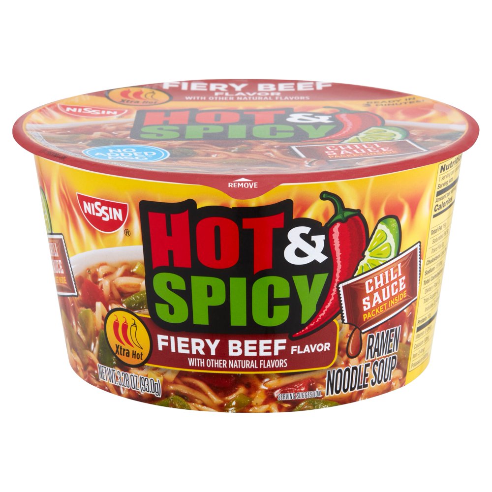 Nissin Fiery Beef Flavor Hot & Spicy Ramen Noodle Soup, 3.28 oz
