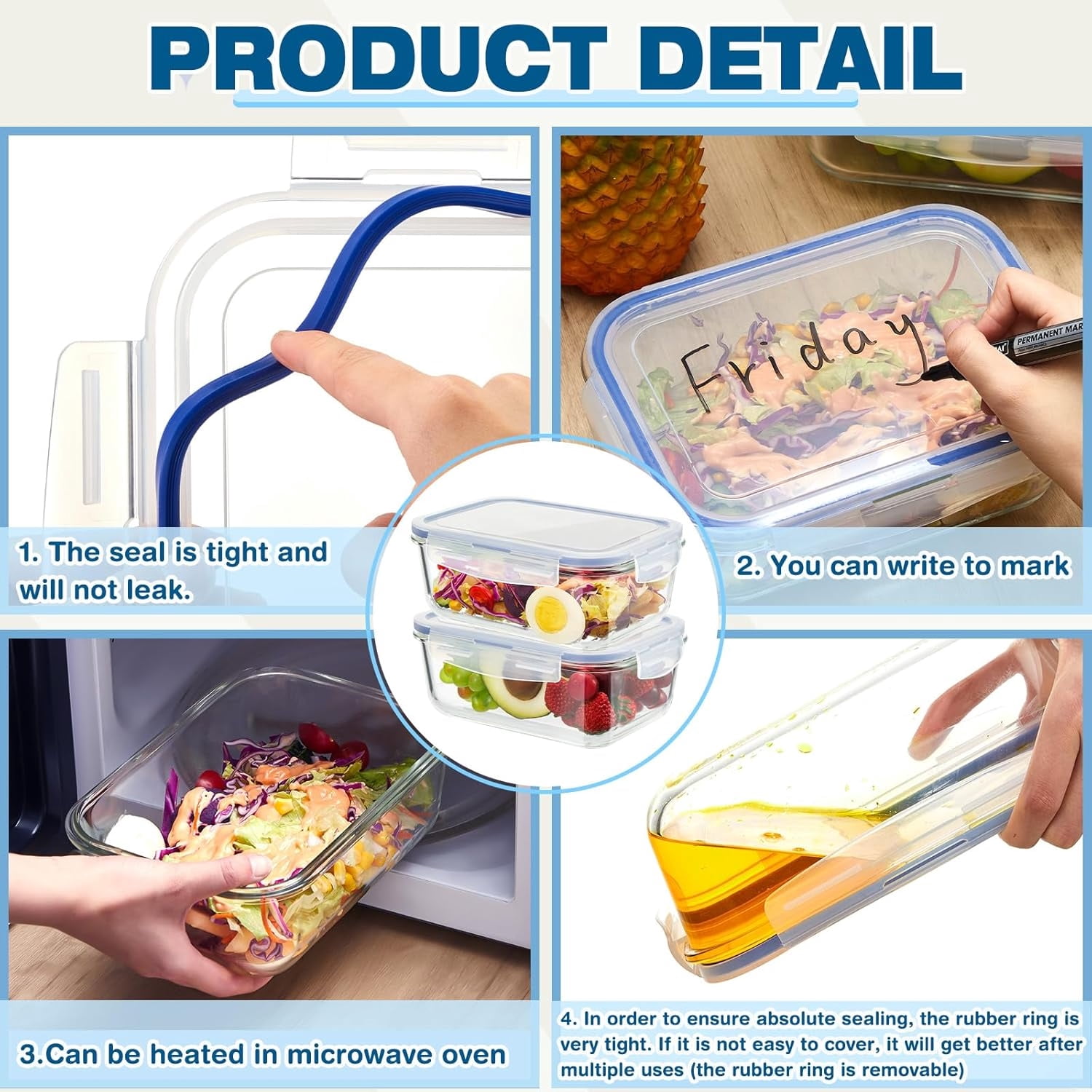 Glass Containers 2 Set Food Storage Containers with Airtight Lids Clear Meal Prep Container /Bento Boxes/Lunch Containers for On the Go Leftover Freezer Fridge Microwave, Dishwasher Safe, BPA Free