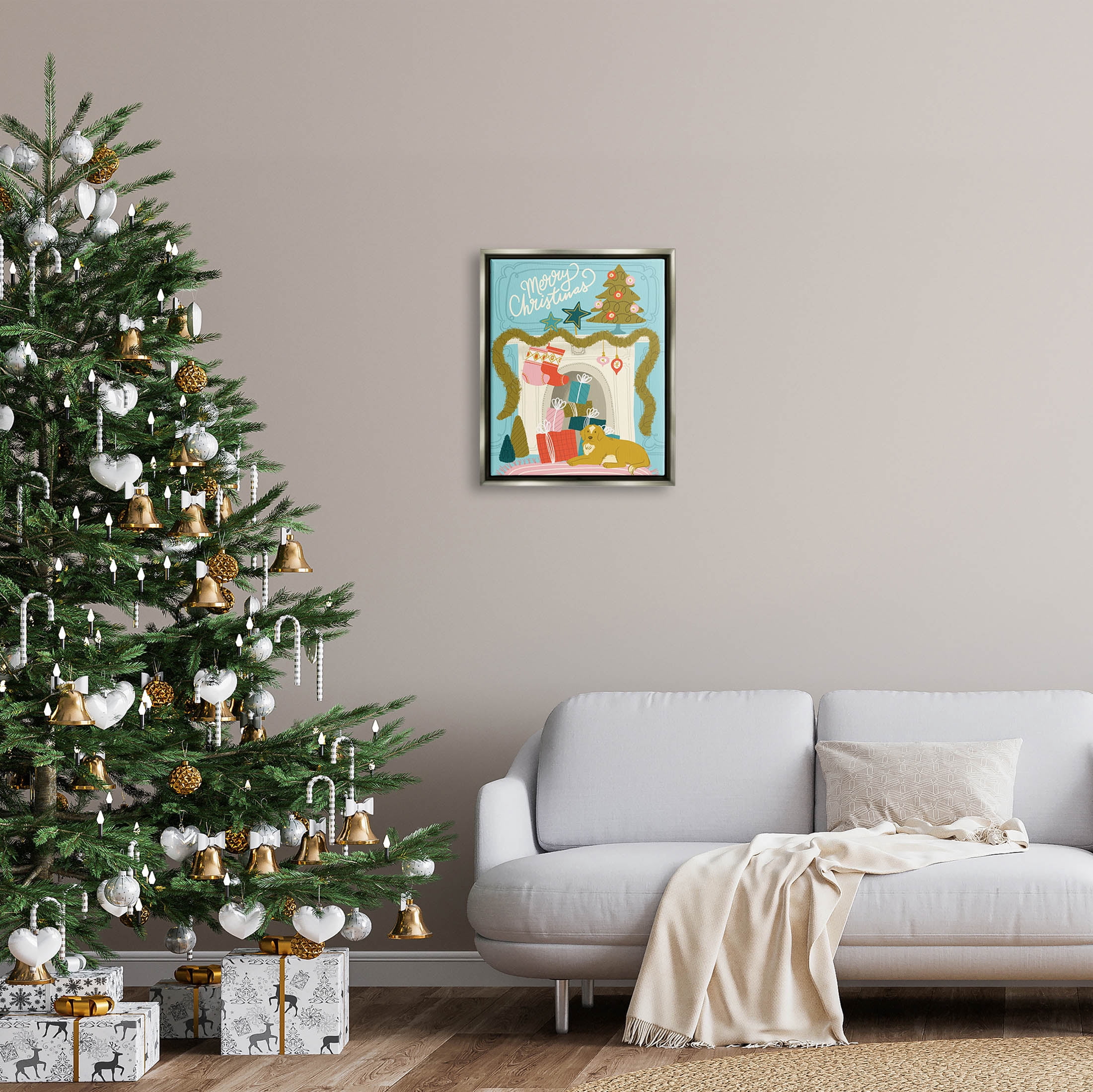 Stupell Industries Whimsical Fireplace Merry Christmas Graphic Art Luster Gray Floating Framed Canvas Print Wall Art, Design by Kristina Hultkrantz