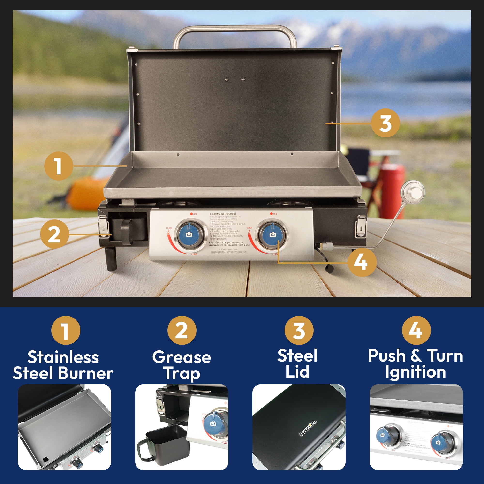 Razor 2-Burner Portable Propane Gas Griddle with Lid and Folding Cart