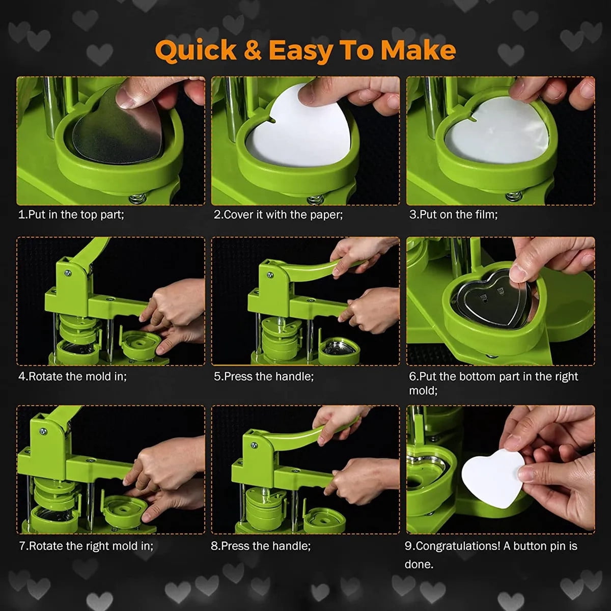 53X57.5MM Heart-Shaped Pin Button Maker Parts,Include 50-100Sets of Heart-Shaped Metal Cover Button ,Beginner-Friendly