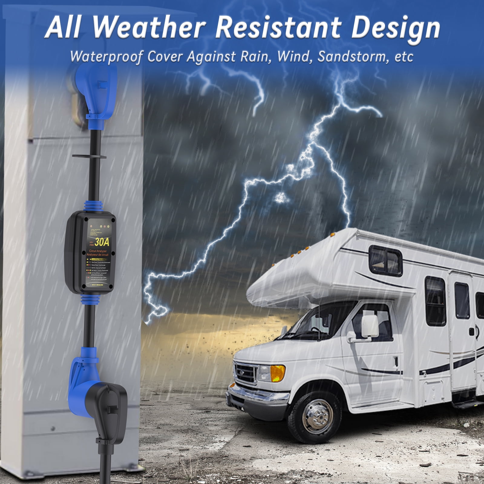 HFLRZZ RV Surge Protector 30 Amp with Grip Handles, Smart Circuit Analyzer Power Guard for RV, Camper, Trailer, Truck, Motorboat, Yacht, Mobilhome with Blue LED Indicator Light