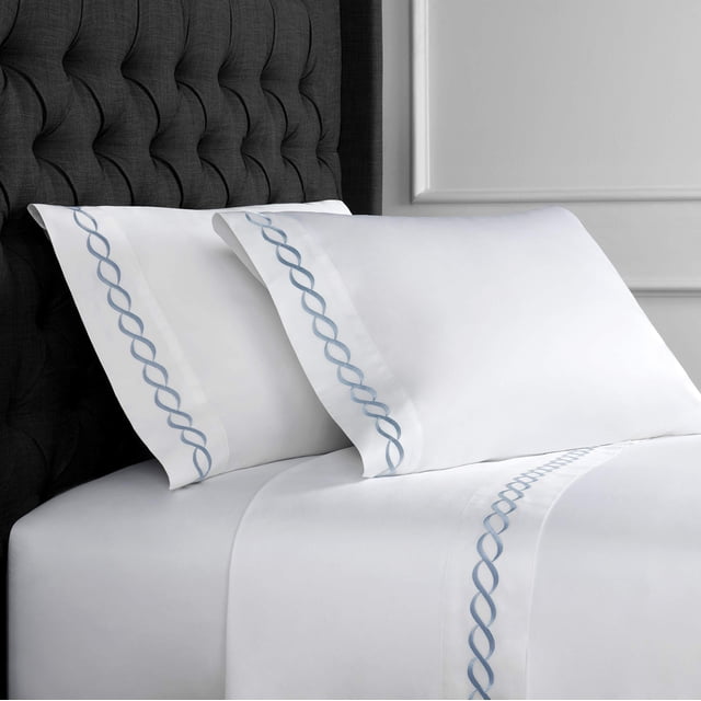 Melange Home Sateen Cotton Rope Embroidery Stripe Sheet Set, Cal King, Blue on White