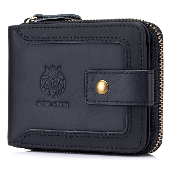 SCHLATUM Genuine Leather Zipper Wallet for Men Rfid Blocking Vintage Wallet with Coin Pocket ID Window, Black
