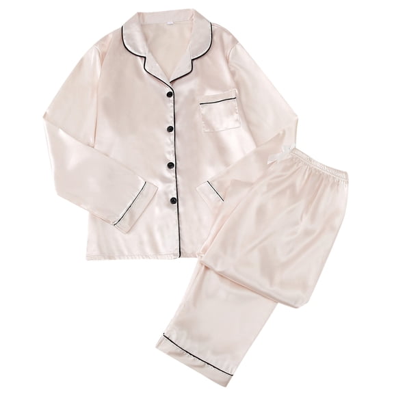DHFJKG Pajamas For Women Set 2 Piece Silk Satin Loungewear Long Sleeve Turndown Collar Button Up Top Loose Fit Bottoms Sleepwear Lightweight Cozy Nightwear