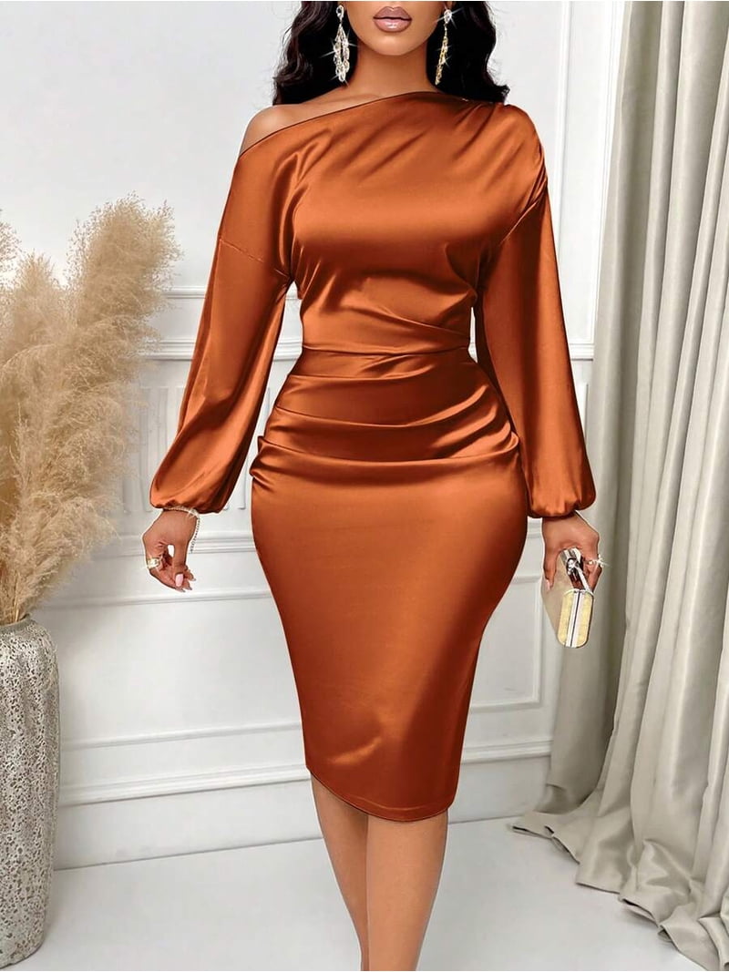 knee length cocktail dress for wedding guest Suzhoufashion Burgundy A Line Ruched Knee-Length Formal Dress Color:Midnight Blue / Silver round neckline and flutter bride dress with ruffle skirt Navy Blue Twinning Dresses