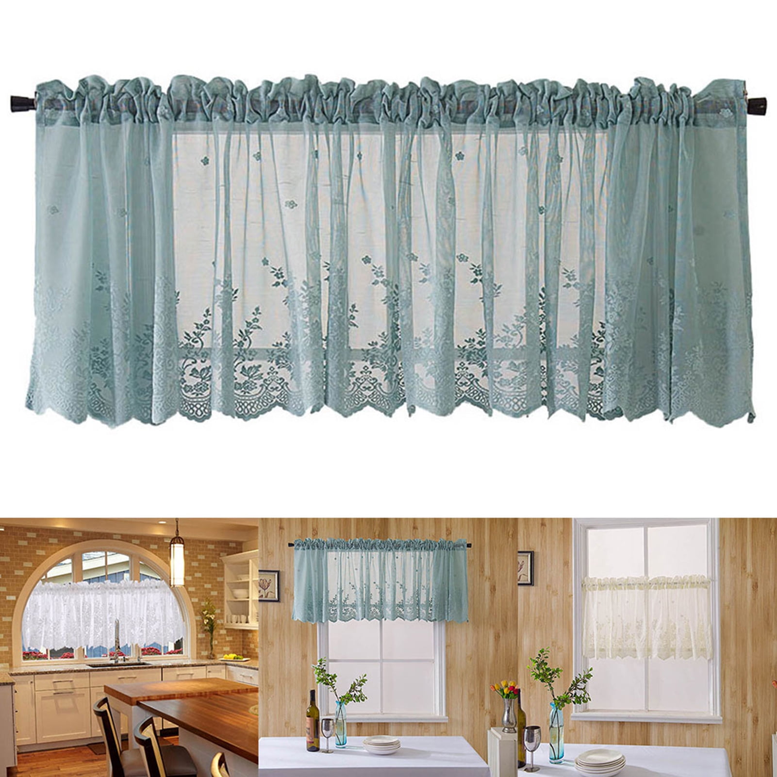 130x41cm Embroidered Lace Kitchen Short Curtain Window Valance Sheer Voile Blue 