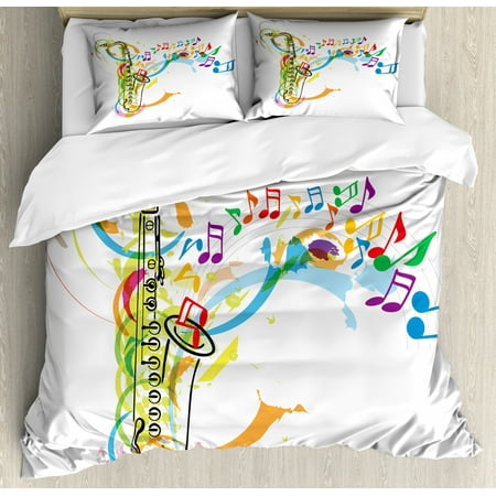 Music Duvet Cover Set Colored Illustration Of Saxophone With Wavy