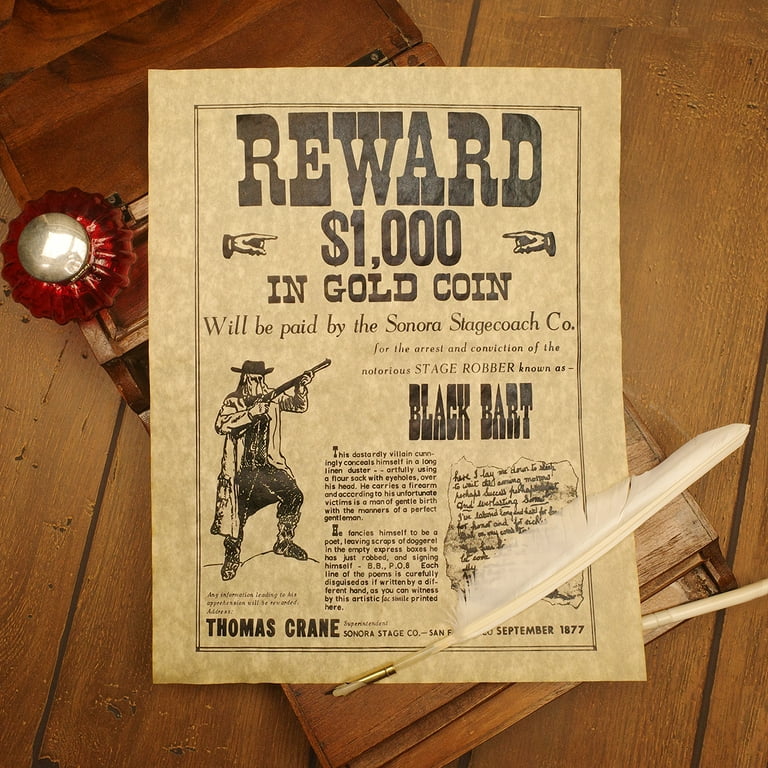 Black Bart Reward Poster Parchment Paper Wall Art Western Man Cave Bar Pub Decor Black Bart Reward Poster Parchment Paper Wall Art Western Man Cave Bar Pub Decor