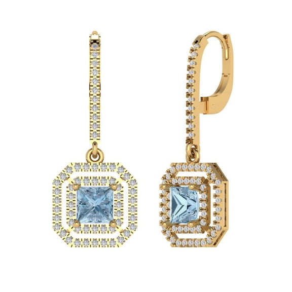 2.8174 ct Lever-Back Drop Dangle Earrings for Women | 5.5mm Princess Cut Simulated Blue Diamond | 18K Yellow Gold