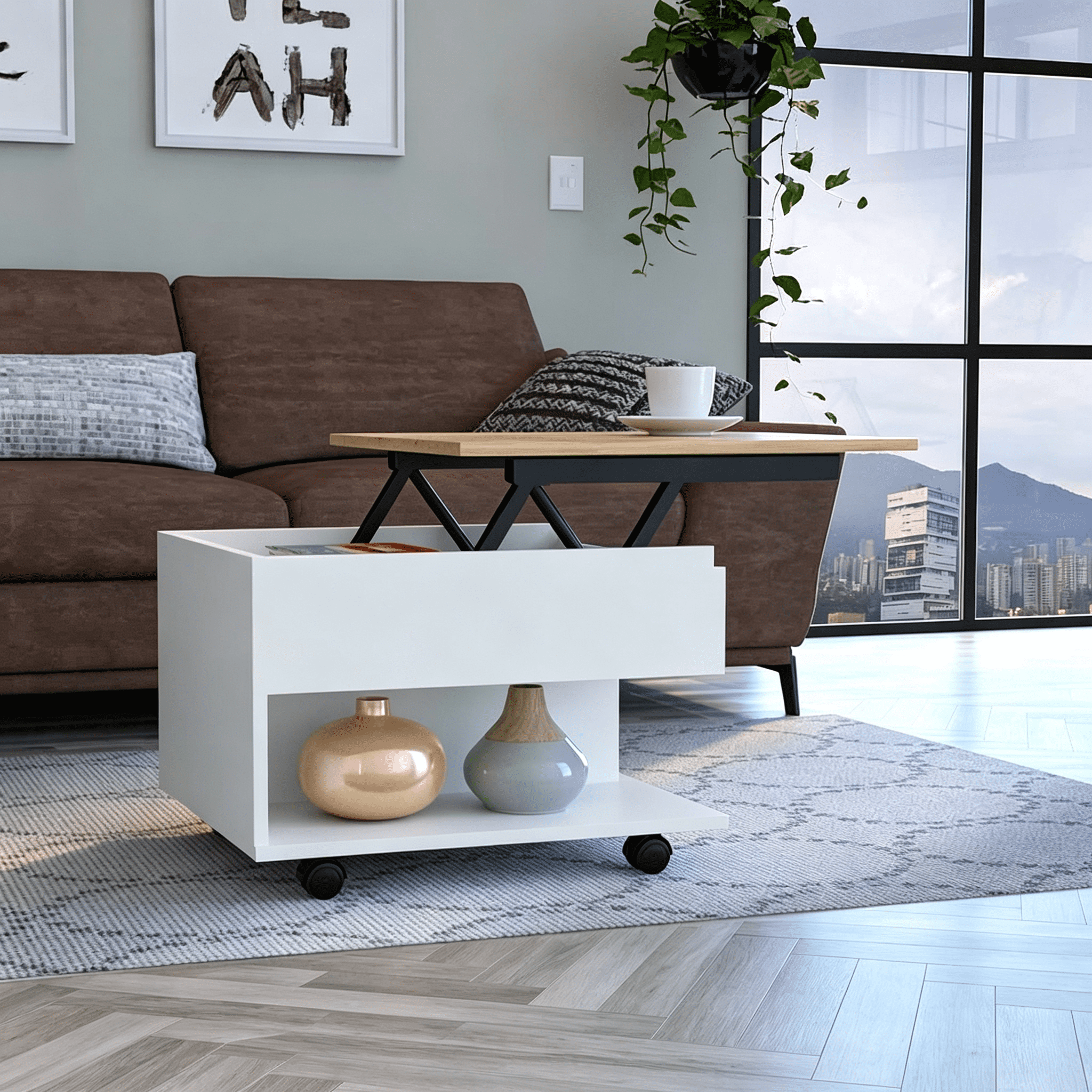 Asteroutdoor Luanda Lift Top Coffee Table with Casters and Shelf, 21.6 in W
