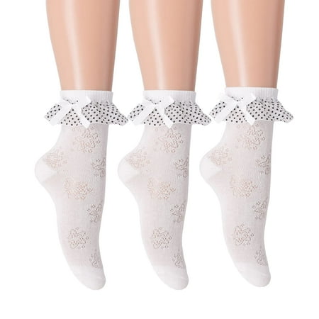 

SRYL Women s Lace Ruffle Thin Ankle Socks Cotton Casual Cute Frilly Anklet Girls Princess Dress Socks (3 Pairs White Dotted Ribbon Lace)