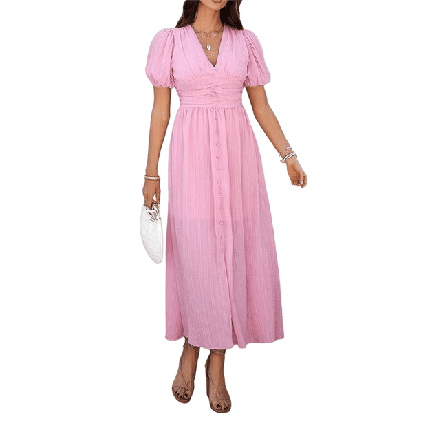 Vestido Midi Informal de Verano para Mujer, con Mangas Abullonadas, Escote en V, Fruncido, Botones Al Frente, Abertura, Estilo Bohemio, 2025 Rosa XL