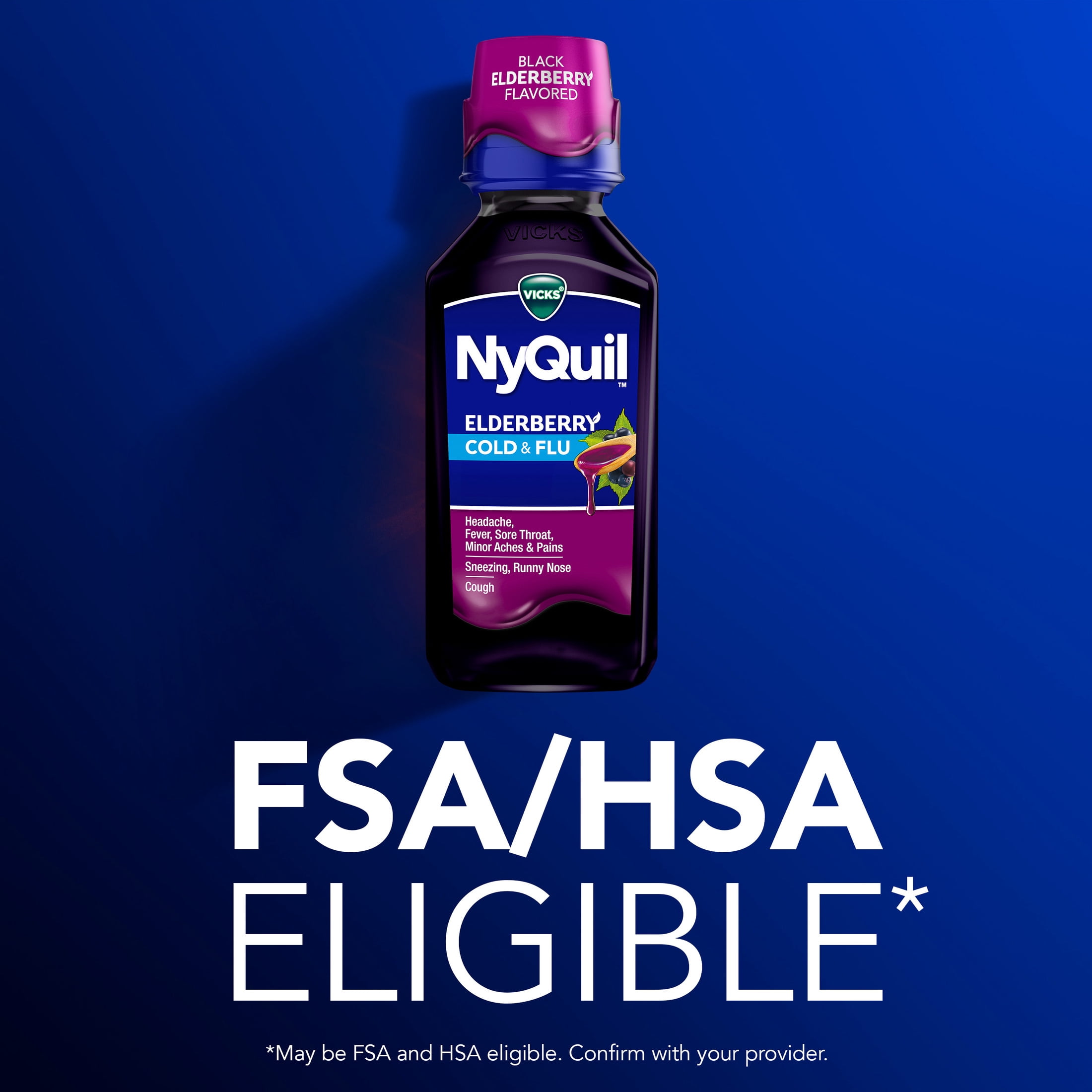 VICKS NyQuil Cold & Flu Medicine, Nighttime Relief, Elderberry Flavor, 12 fl oz