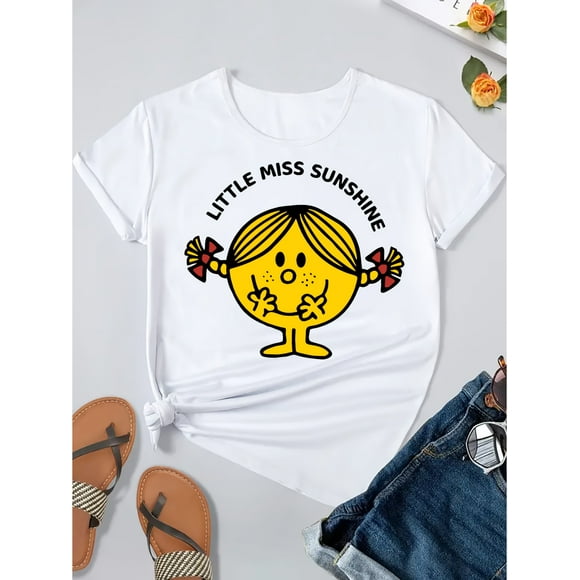 Little Miss Sunshine Graphic T-Shirt for Women - Casual Crew Neck Short Sleeve Top, 95% Polyester 5% Spandex, Regular Length, Geometric Pattern, Knit Fabric - Season-Neutral Comfortable Fashion Tee