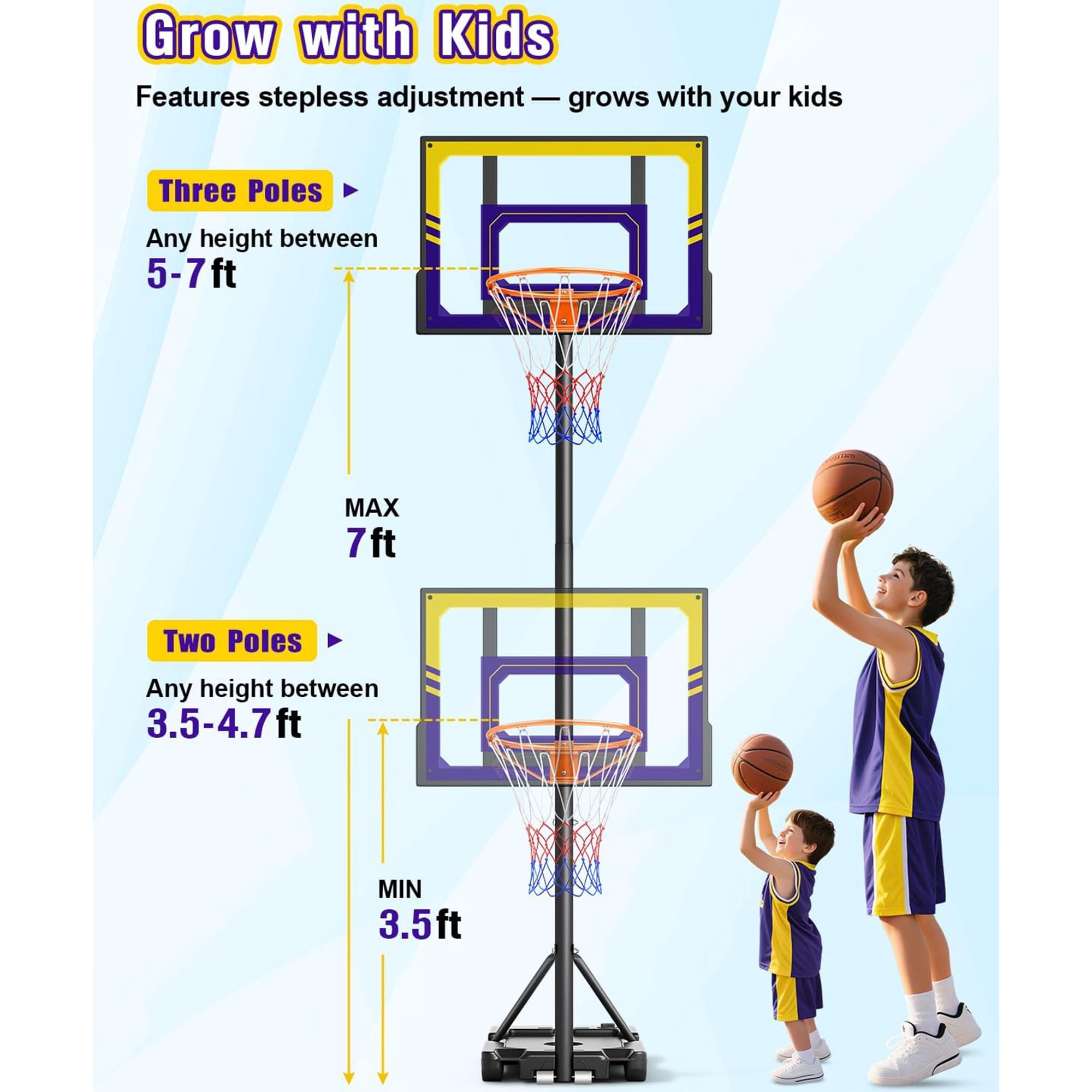 Toremore Kids Basketball Hoop Outdoor, 3.5-7ft Stepless Adjustable Height, Portable Basketball Hoop for Kids, Shatterproof PC Backboard