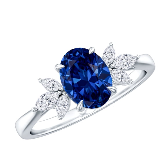 Rosec Jewels Oval Cut Created Blue Sapphire Solitaire Ring with Diamond Accent, 925 Sterling Silver, US 4.00