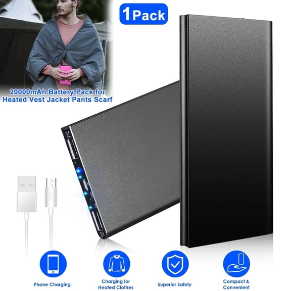 Zorpupoa 20000mAh Power Bank for Heated Vest Jacket 5V 2.1A USB Portable Charger Battery Pack for Camping Black