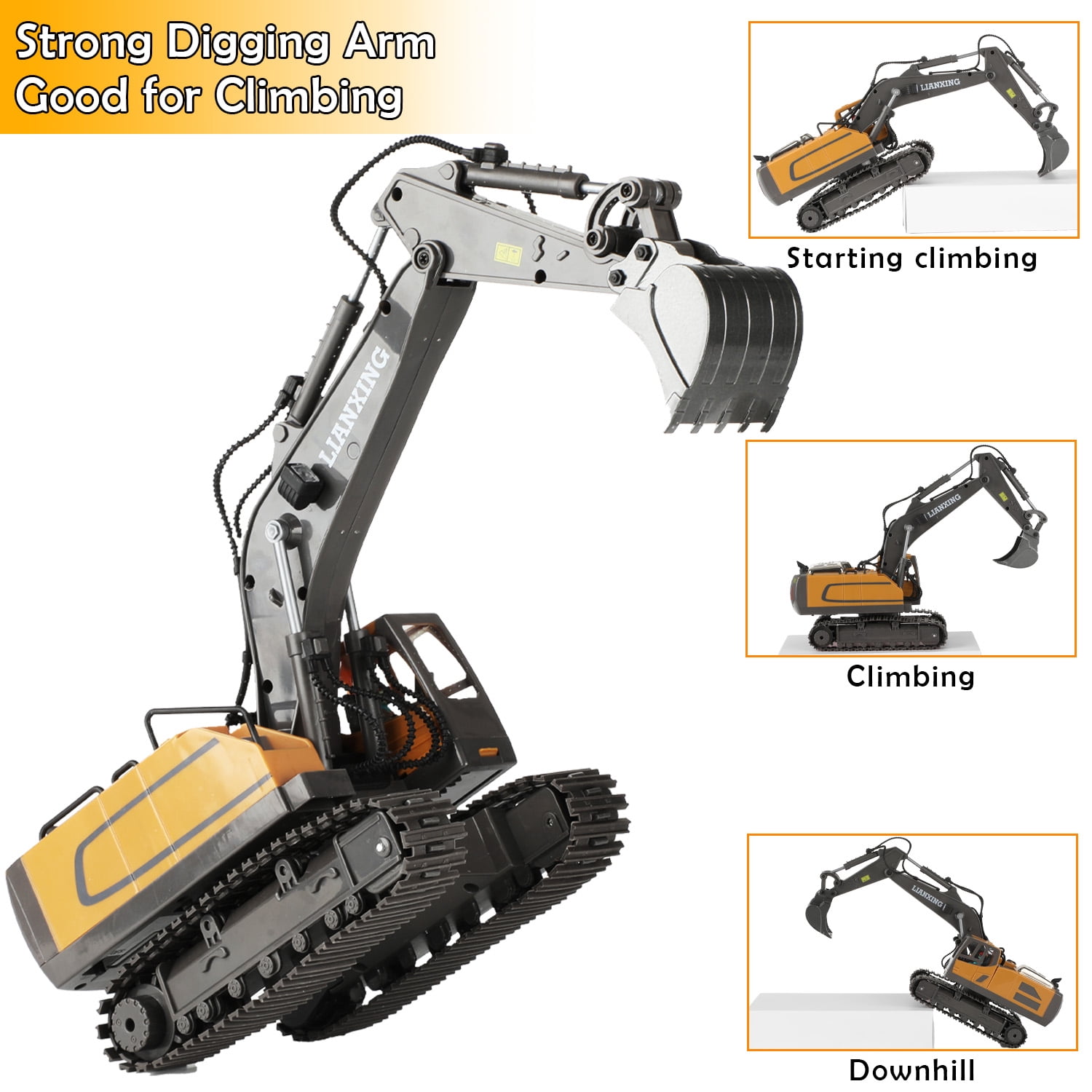 Petbank Remote Control Excavator Toys, 680° Rotation Hydraulic Car Toys with Metal Shovel, Lights & Sounds, Rechargeable 11 Channel RC Construction Vehicles, RC Truck Digger gift for Kids Aged 4-12