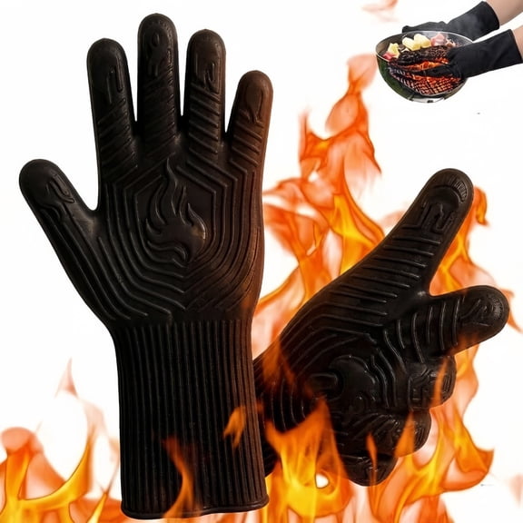 BBQ Gloves, BBQ Accessories Heat Resistant, Grilling Gloves Silicone Non-Slip Oven Mitts, Kitchen Gloves for BBQ, Grilling, Cooking, Baking-1 Pair Black