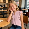 thumbnail image 6 of Fengqque Girls Blouse V-Neck Ruffled Cap Sleeves Pleated Front Relaxed Fit Flowy Casual Top 5-14 Years Pink 7-8Years, 6 of 9