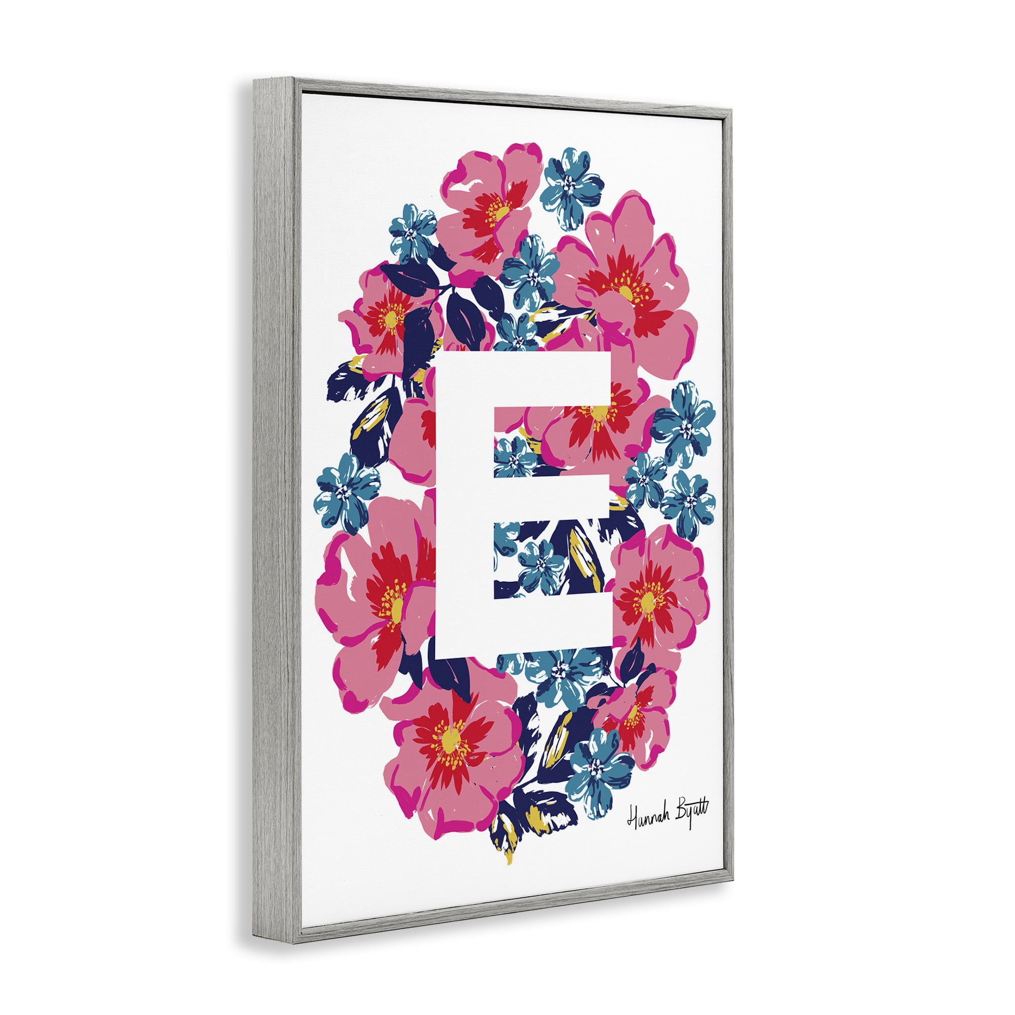 Stupell Industries Floral Bloom Letter E Botanical & Floral Painting Gray Framed Art Print Wall Art, 12 x 18