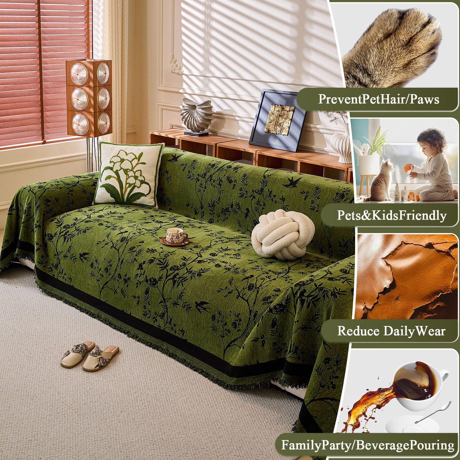 NAYOROOM Vintage Green Couch Cover,Chenille Sofa Cover Slipcover Sofa Towel Furniture Cover（71"x 118"）