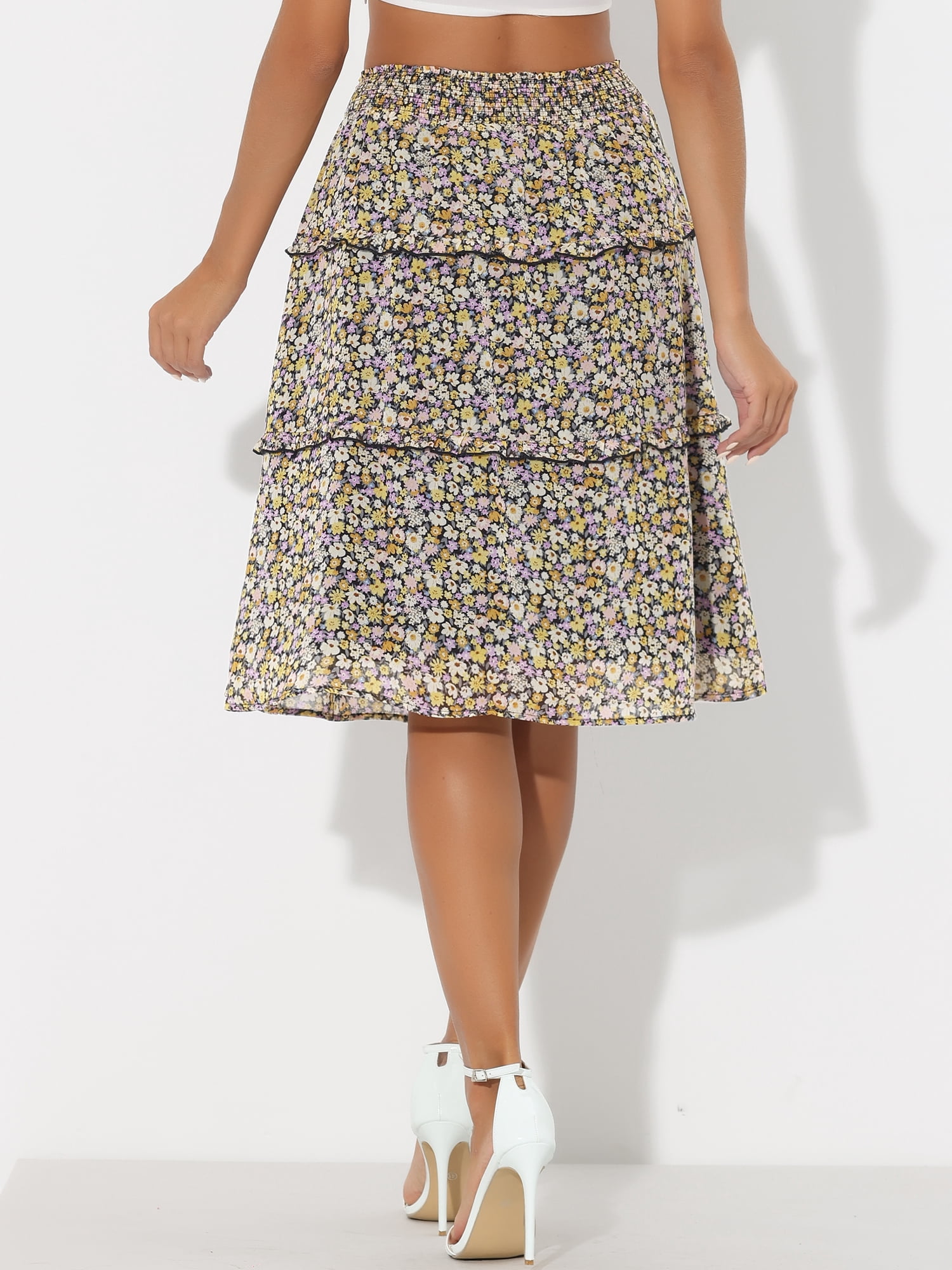 DARING DIVA Women's Floral Chiffon Layer Ruffle Hem Midi Skirt M Black