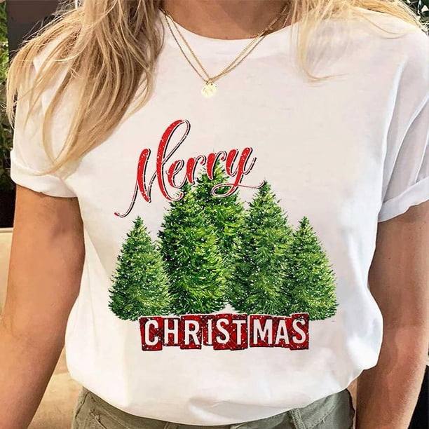 Camisetas estampadas de Papá Noel para mujer, camiseta de Navidad y Año Nuevo de los años 90, ropa femenina, Tops estampados, camiseta gráfica de dibujos animados a la moda para mujer