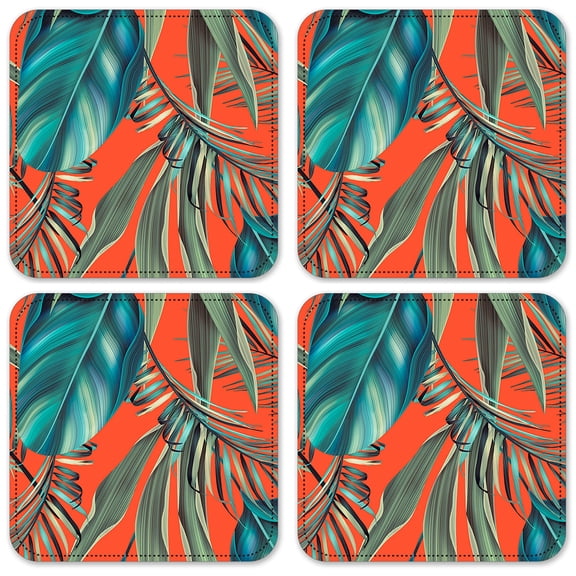 Vinyl Drink Coasters - Set of 4 - Palm Fronds with Orange Background