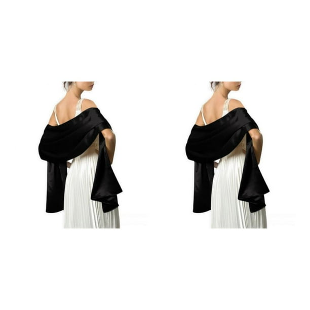 Sonducket Ceremonia de boda Bola de baile Mujeres Saten Chal Ninas Fiesta de noche Banquete Bufanda larga elegante Color solido Negro Negro 2piezas Bodega Aurrera en linea
