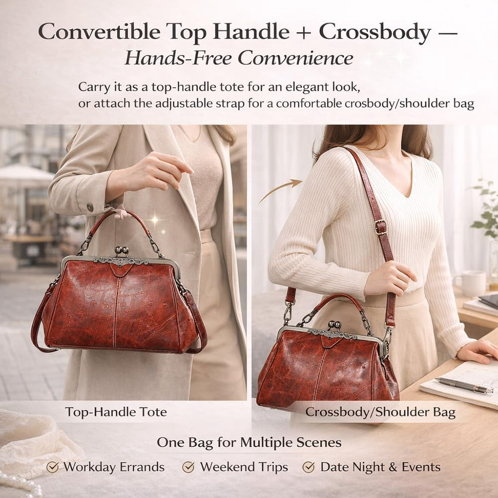 Kiss Lock Tote Handbag for Women, Vintage Frame Purse with Top Handle & Crossbody Strap, Structured Leather Shoulder Bag for Work, Daily, Travel
