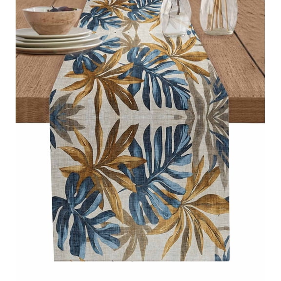 Hokiten Table Runners 108 Inches Long Dress Scarves, Navy Blue Brown Farmhouse Coffee/Dining/Kitchen Table Runner for Living Room, Vintage Elegant Botanical Palm Leaves 13x108 Inch