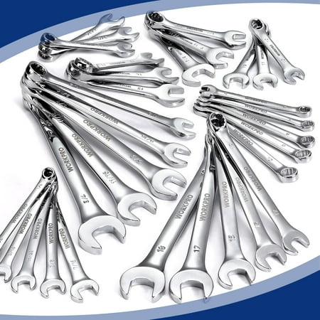 

32-Piece SAE & Metric Combination Wrenches Set 20-Piece Standard wrenches and 12-Piece Stubby Wrenches with Organizer Tray Cr-V Steel Mirror Chrome Polished