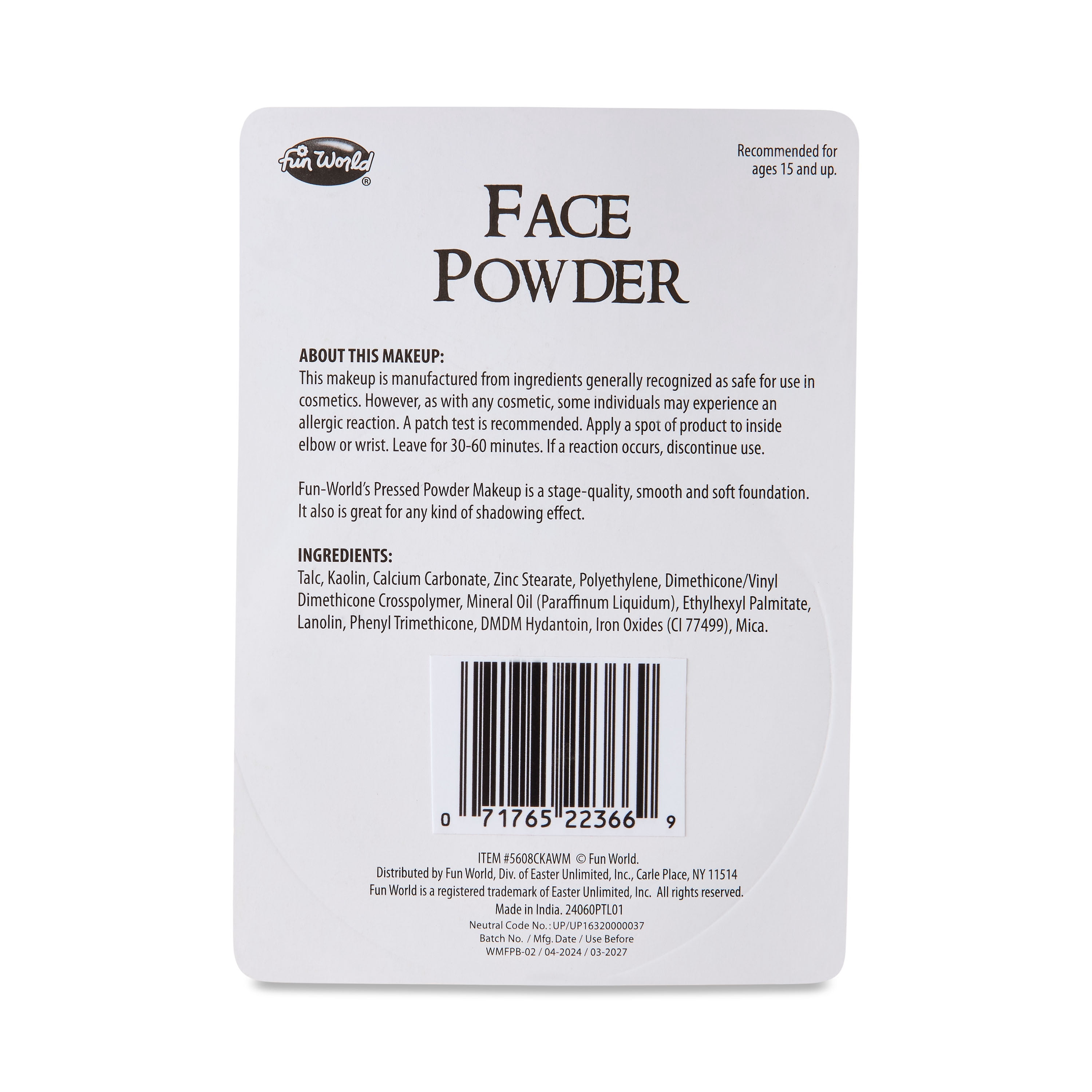 Halloween Face Pressed Powder, Black, .34oz, Halloween Adults Make-Up by Fun World