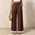 thumbnail image 2 of Women Straight Leg Pants with Lace Hem Trim, Elastic Drawstring Waist Casual Long Trousers with Pockets, Solid Loose Daily Pants for Vacation Brown L(L), 2 of 7