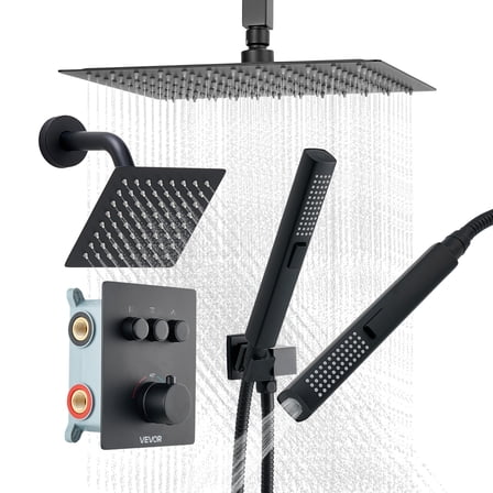 VEVOR Shower Faucet Set, 12 Inch Thermostatic Ceiling Mount Rainfall Shower System with 6 Inch Wall Mount Head and 2 in 1 Handheld Spray, 3-Function Dual Rain Head Brass Valve & Trim Kit, Matte Black