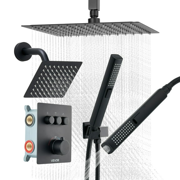 VEVOR Shower Faucet Set, 12 Inch Thermostatic Ceiling Mount Rainfall Shower System with 6 Inch Wall Mount Head and 2 in 1 Handheld Spray, 3-Function Dual Rain Head Brass Valve & Trim Kit, Matte Black
