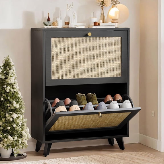 31.5" Black Rattan Shoe Cabinet - Slim Entryway Organizer with 2 Flip Drawers, Gold Handles & Sturdy Metal Legs