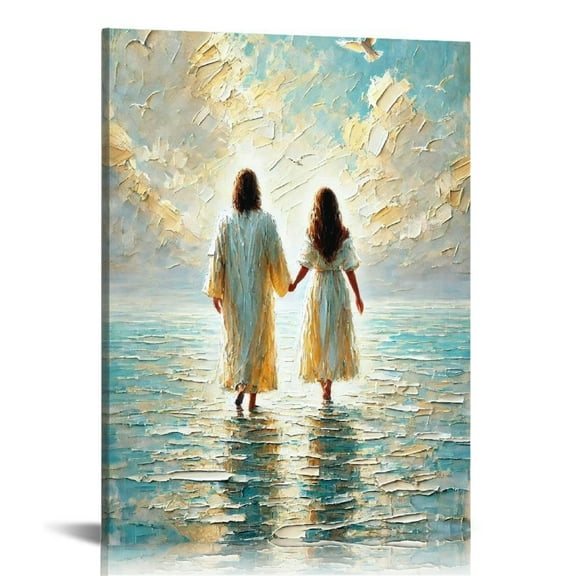 Jesus and Women Walk on Water wall art decor Christian wall art, Jesus Canvas Wall Print ，Jesus Decorations Religious Christian Gifts for Church Prayer Room Living Room Home Decor Gift Wooden Framed