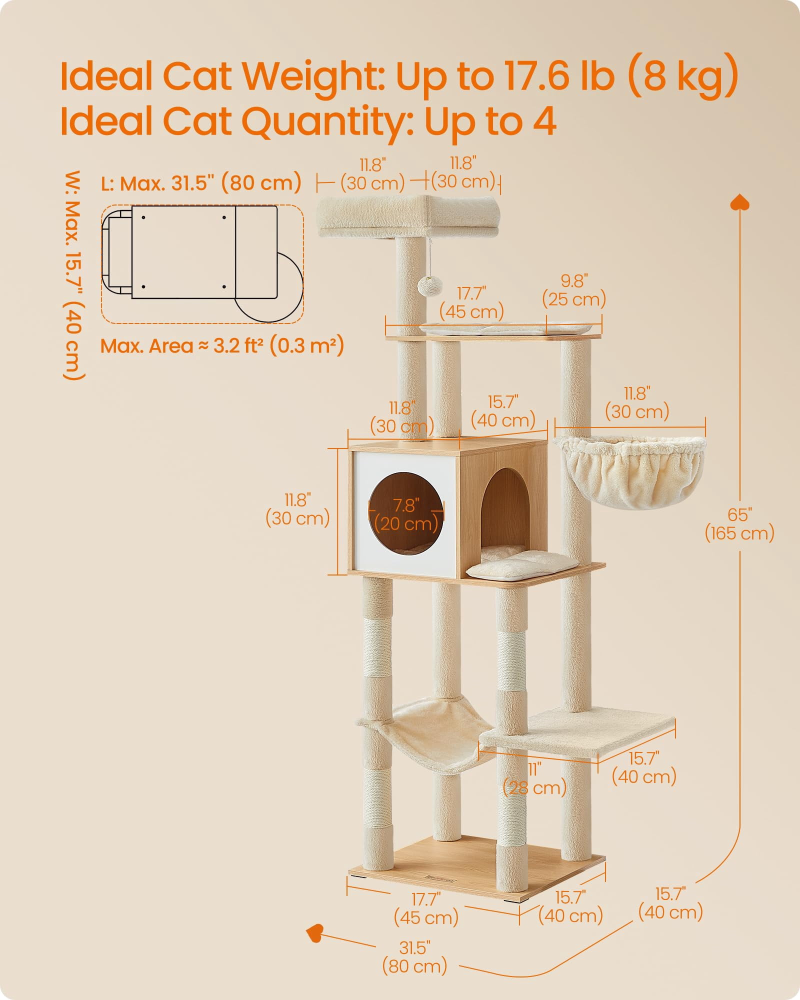 Cat Tree  65-inch Tall Tower Multi-level Condo With Cave Basket Hammock Pompom Posts Almond Yellow Upct118y01