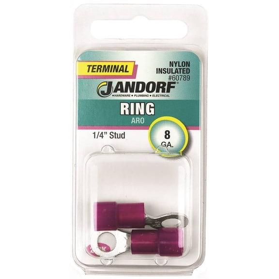 Jandorf 60789 Ring Terminal, 8 AWG Wire, 1/4 in Stud, Nylon Insulation, Copper Contact, Red