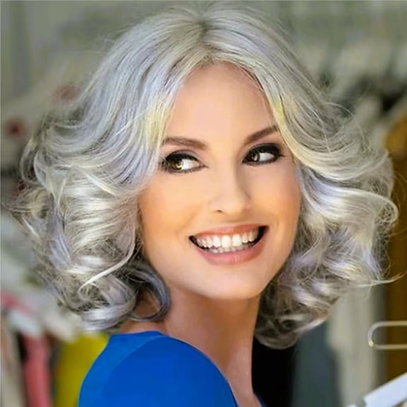 Silver Gray Curly Bob Synthetic Wig | Short Hair, Natural Look