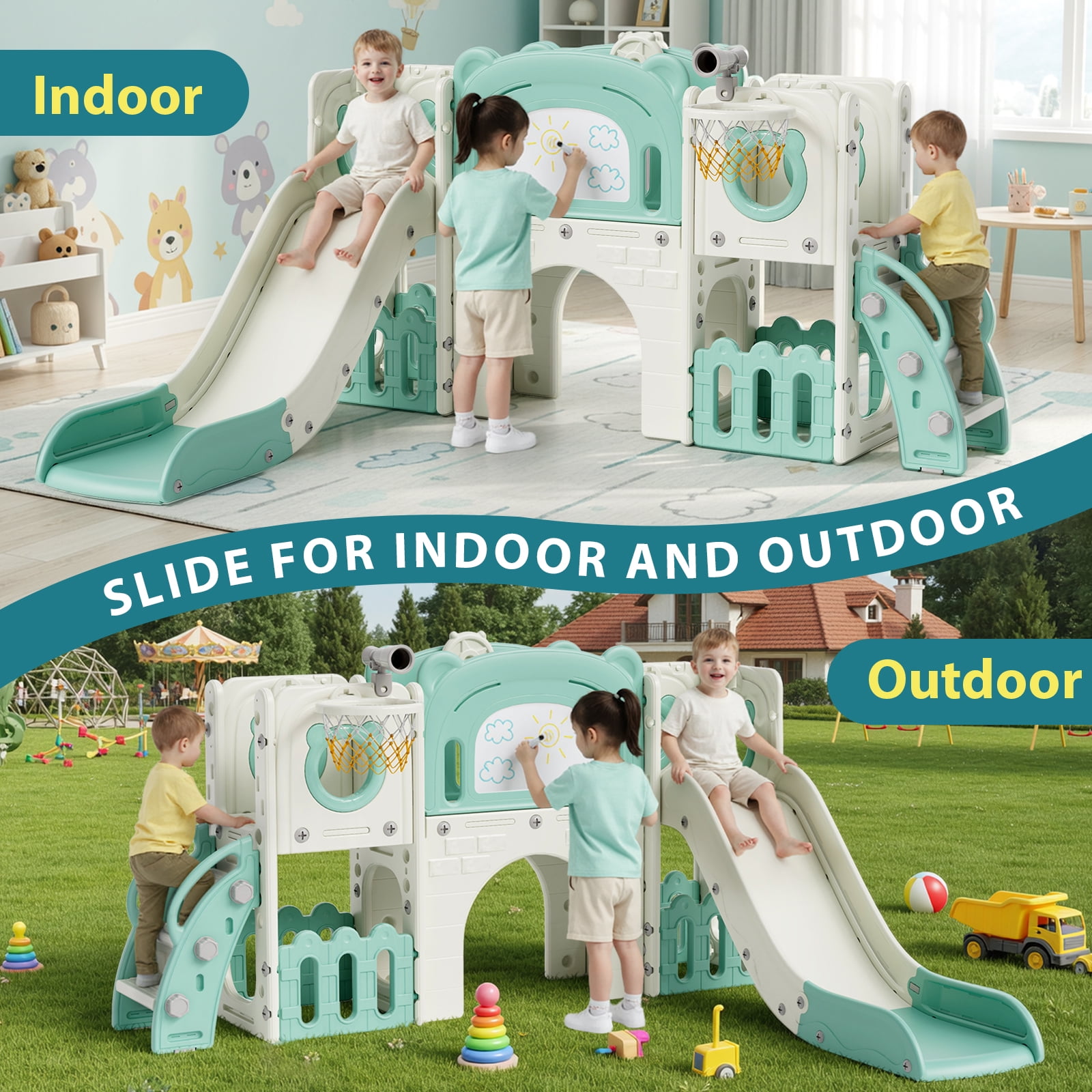 LAZY BUDDY 10 in 1 Toddler Slide, Freestanding Kids Slide and Climber Playset Indoor Outdoor Slide with Basketball Hoop, Telescope and Storage Space