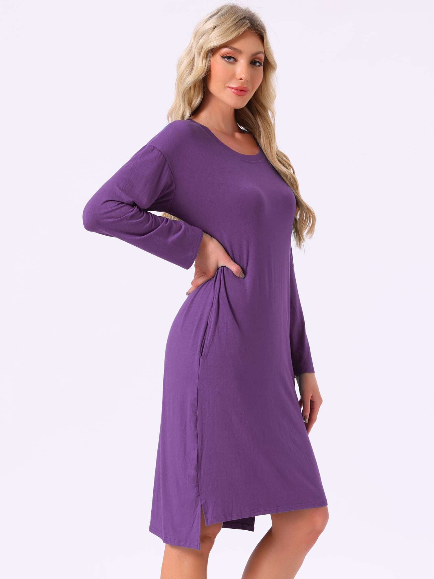 DARING DIVA Women's Long Sleeve High Low Hem Rayon Sleepdress with Pockets 2XL Deep Purple