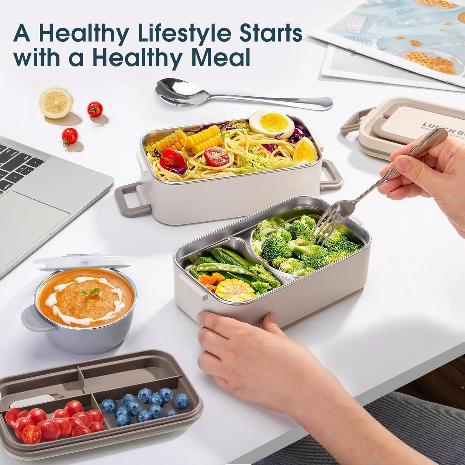 Stackable 2 Layer 304 Stainless Steel Bento Box Lunch Container with Soup Bowl, Spoon & Fork (2 Pack)