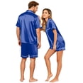 thumbnail image 6 of （Mens） Lightweight Summer Couple Satin Silk Button Down Short Sleeve Top Casual Shorts Matching His Hers Outfit Blue S, 6 of 7