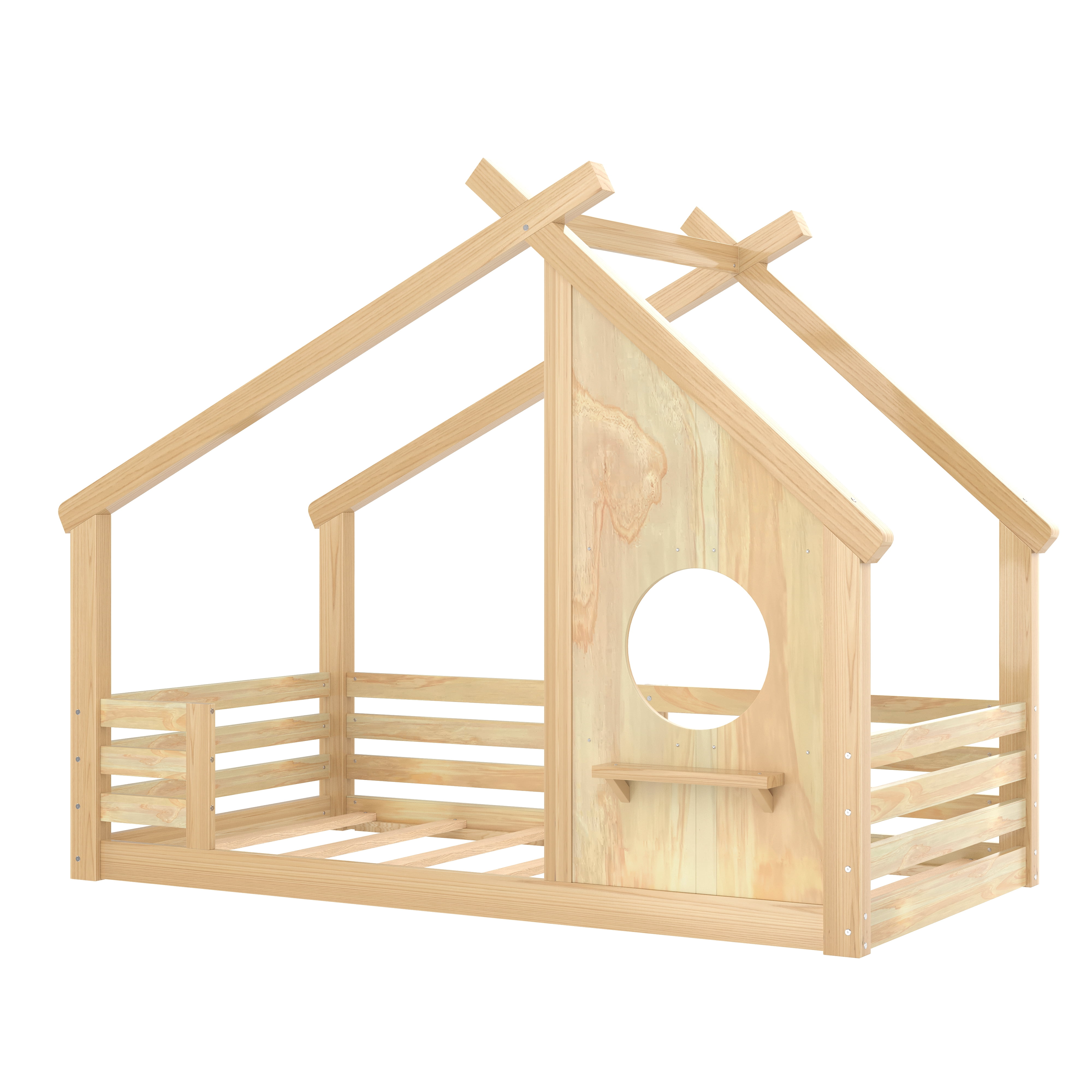 Miniyam Twin Floor Bed for Kids with Guardrails and Roof, Montessori House Bed Frame, Natural