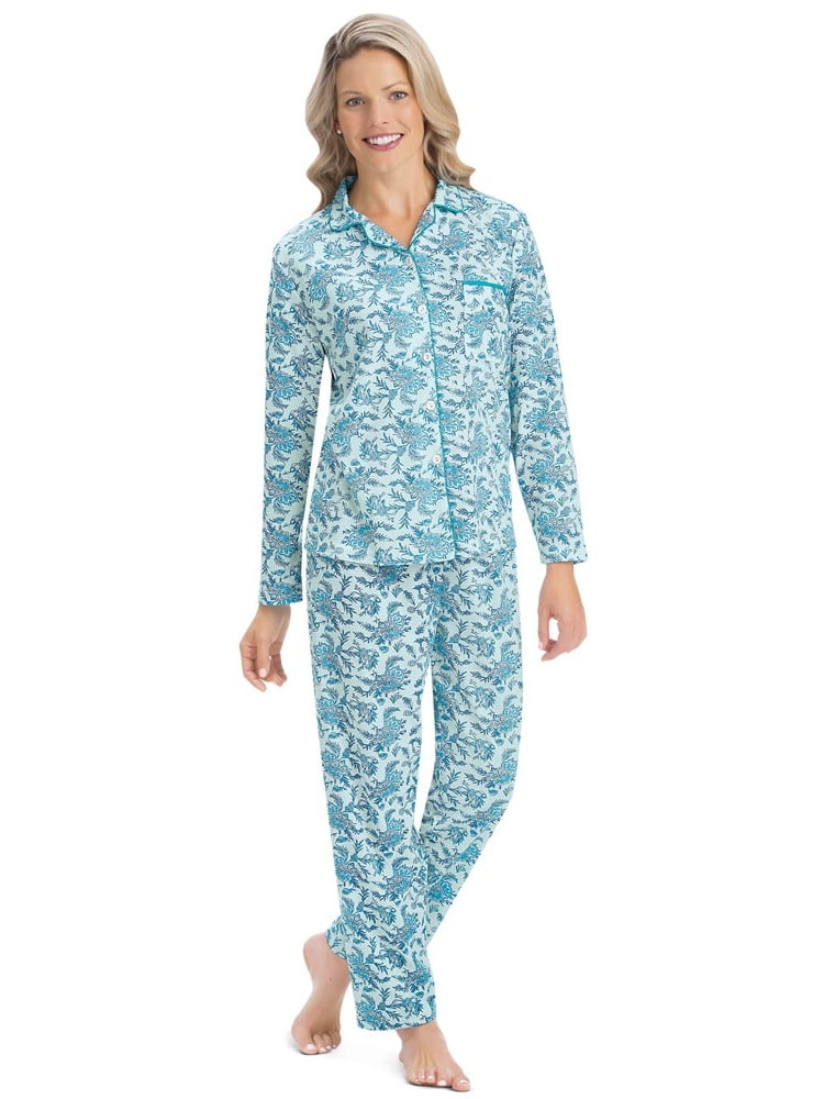 Collections Etc. Women's Floral Cotton Knit 2pc Pajama Set, Mint